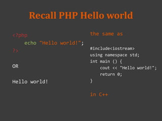 Recall PHP Hello world
the same as
#include<iostream>
using namespace std;
int main () {
cout << "Hello world!";
return 0;
}
in C++
<?php
echo "Hello world!";
?>
OR
Hello world!
 