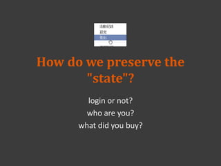 How do we preserve the
"state"?
login or not?
who are you?
what did you buy?
 