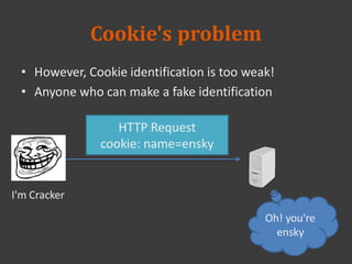 Cookie's problem
• However, Cookie identification is too weak!
• Anyone who can make a fake identification
HTTP Request
cookie: name=ensky
Oh! you're
ensky
I'm Cracker
 