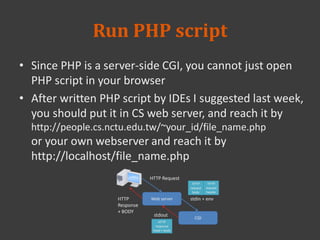 Run PHP script
• Since PHP is a server-side CGI, you cannot just open
PHP script in your browser
• After written PHP script by IDEs I suggested last week,
you should put it in CS web server, and reach it by
http://people.cs.nctu.edu.tw/~your_id/file_name.php
or your own webserver and reach it by
http://localhost/file_name.php
 