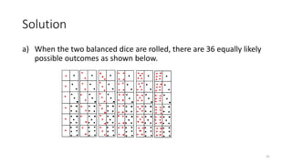 Solution
a) When the two balanced dice are rolled, there are 36 equally likely
possible outcomes as shown below.
31
 