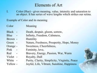 Elements of Art
I. Color (Hue) - gives meaning, value, intensity and saturation to
an object. It has series of wave lengths which strikes our retina.
Example of Color and its meaning
Color Meaning
Black - Death, despair, gloom, sorrow,
Blue - Infinity, Freedom, Calmness,
Brown - Humility
Green - Nature, Freshness, Prosperity, Hope, Money
Orange - Sweetness, Cheerfulness,
Pink - Feminity, love,
Red - Bravery, Energy, Passion, War, Warm
Violet - Royalty, Dull
White - Purity, Clarity, Simplicity, Virginity, Peace
Yellow - Joyful, Life, Vibrant, Sunshine, Happiness
 