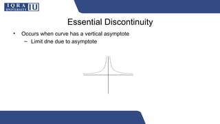 Essential Discontinuity
• Occurs when curve has a vertical asymptote
– Limit dne due to asymptote
 