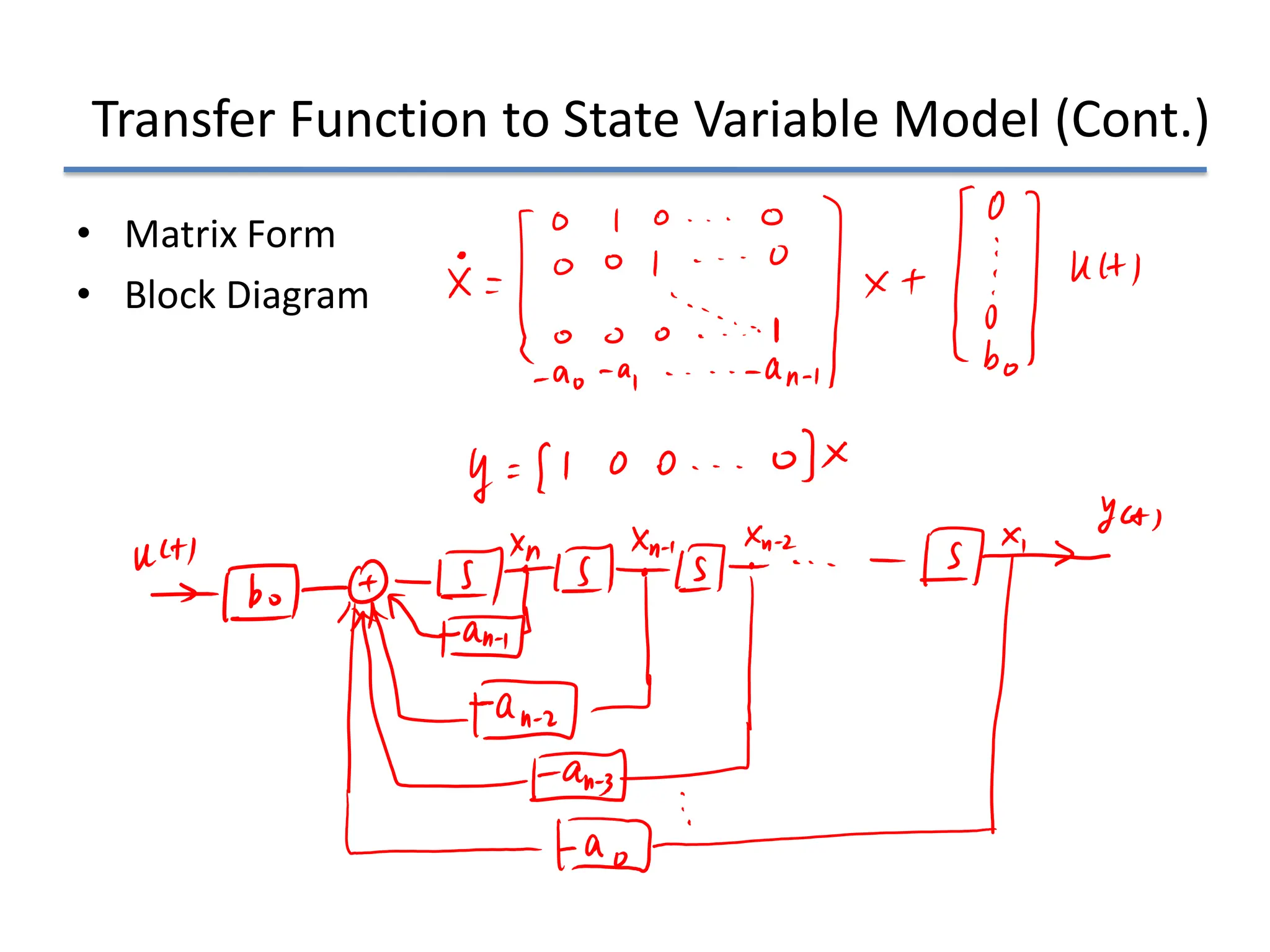 Transfer Function to State Variable Model (Cont.)
• Matrix Form
• Block Diagram
 