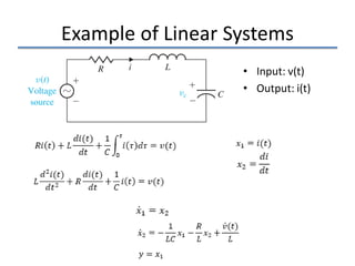 Example of Linear Systems
• Input: v(t)
• Output: i(t)
𝑦𝑦 = 𝑥𝑥1
 