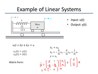 Example of Linear Systems
• Input: u(t)
• Output: y(t)
Matrix Form:
̇
𝑥𝑥1 = 𝑥𝑥2
̇
𝑥𝑥2 = −
𝑘𝑘
𝑚𝑚
𝑥𝑥1 −
𝑏𝑏
𝑚𝑚
𝑥𝑥2 +
1
𝑚𝑚
𝑢𝑢
𝑦𝑦 = 𝑥𝑥1
 