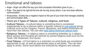Emotional and taboos
• Anger - Anger can affect the way your brain processes information given to you. ...
• Pride - The need to be right all the time will not only annoy others, it can shut down effective
communication. ...
• Anxiousness - Anxiety has a negative impact on the part of your brain that manages creativity
and communication skills. ...
• There are 3 Types of Taboos: cultural, religious, and food.
• Cultural Taboos – A cultural taboo is something that is considered
inappropriate to do or discuss within a specific cultural or sub-cultural group.
Cultures such as the Tongans, French, Brazilians, and Native Americans all
have their own taboos. You can also read about American taboos here.
• Religious Taboos – A religious taboo is something forbidden by a religion.
Many actions and thoughts are banned by sacred religious texts such as the
Torah, Old Testament, and Quran.
• Food Taboos – A Food taboo is a restriction on what foods are considered
appropriate to eat, as well as appropriate ways to eat foods. This can also
apply to drinks. Some food taboos are enforced by religions and cultures.
 