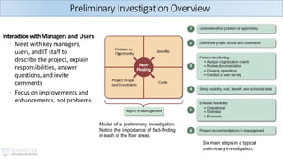Model of a preliminary investigation.
Notice the importance of fact-finding
in each of the four areas.
Six main steps in a typical
preliminary investigation.
Preliminary Investigation Overview
InteractionwithManagers and Users
◦ Meet with key managers,
users, and IT staff to
describe the project, explain
responsibilities, answer
questions, and invite
comments
◦ Focus on improvements and
enhancements, not problems
 