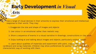 Early Development in Visual
Arts
✘ Use a range of visual devices in their artworks to express their emotional and intellectual
response to their world. They may:
1. Exaggerate the size and shape of images and objects
2. Use colour in an emotional rather than realistic way
3. Show a sequence of events in a visual narrative in drawings, constructions or clay work
4. Enjoy looking at and talking about images and objects, particularly subject matter
5. Learn about qualities of materials and experiment with paint, crayon, pencil, clay,
cardboard and scrap materials. Children may show preferences for particular materials and a
characteristic way of working with them.
11
 