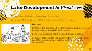 Later Development in Visual Arts
✘ Show an increasing interest in depicting what they see
✘ Use a range of visual devices in their artworks as they strive for realism.
13
They may:
1.) Replace the baseline and use techniques such as perspective
to show depth or shadow to depict volume
2.) Be more concerned with the naturalistic use of colour
3.) Concentrate on detail and pattern and show features such as
sex differences and greater detail of clothing, objects and
surroundings.
 