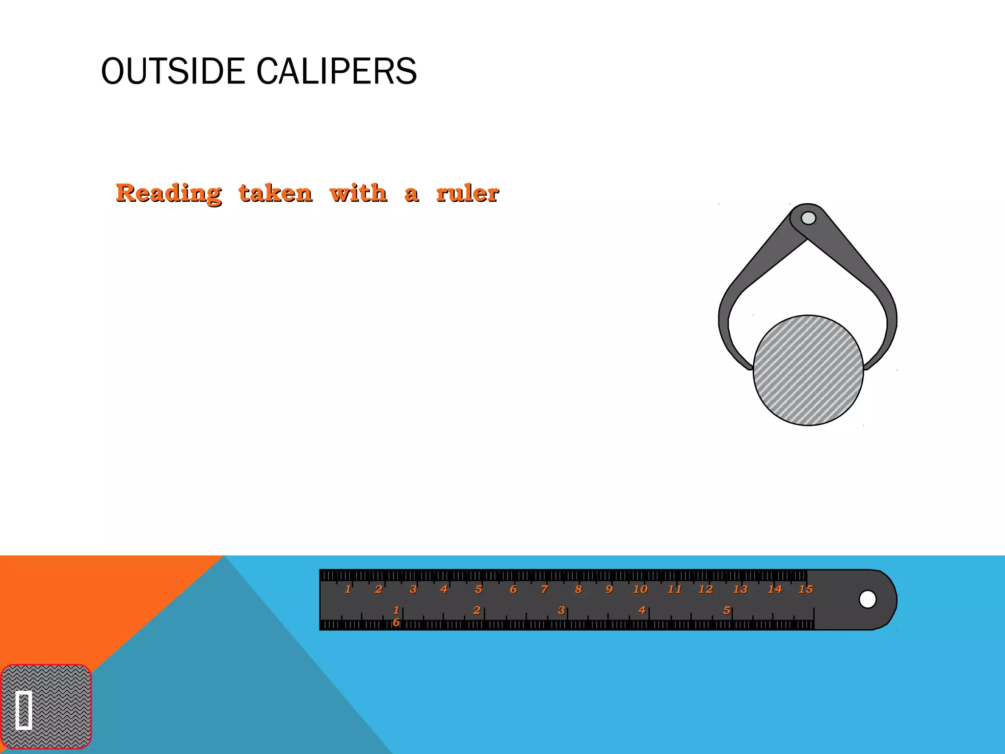 OUTSIDE CALIPERS

    Reading taken with a ruler




                   1   2       3   4   5   6   7       8   9   10   11   12       13   14   15
                           1           2           3           4              5
                           6





 