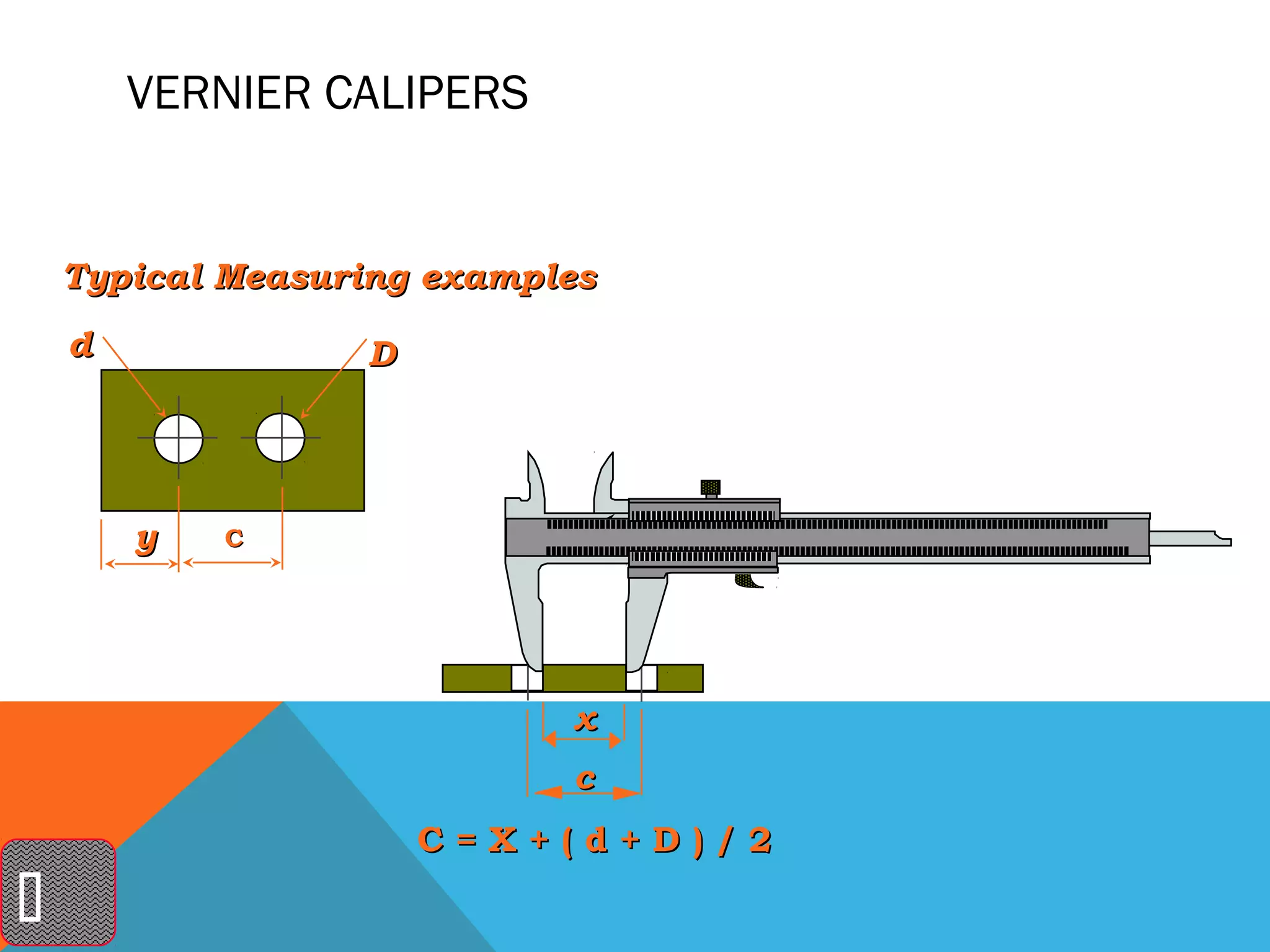 VERNIER CALIPERS


    Typical Measuring examples
    d             D




        y   C




                            x
                            c
                      C=X+(d+D)/2

 