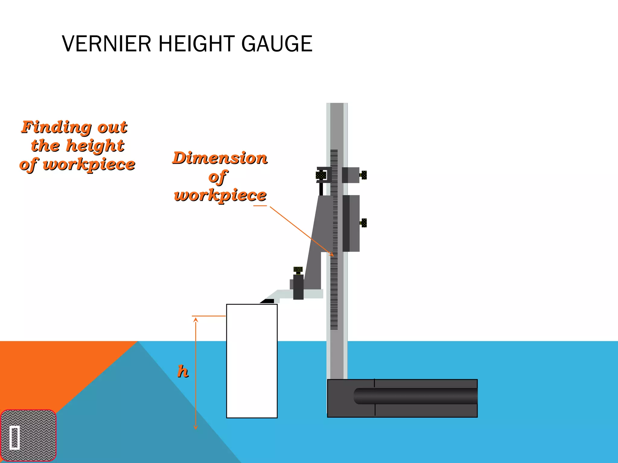 VERNIER HEIGHT GAUGE


Finding out
 the height
of workpiece   Dimension
                  of
               workpiece




               h




 