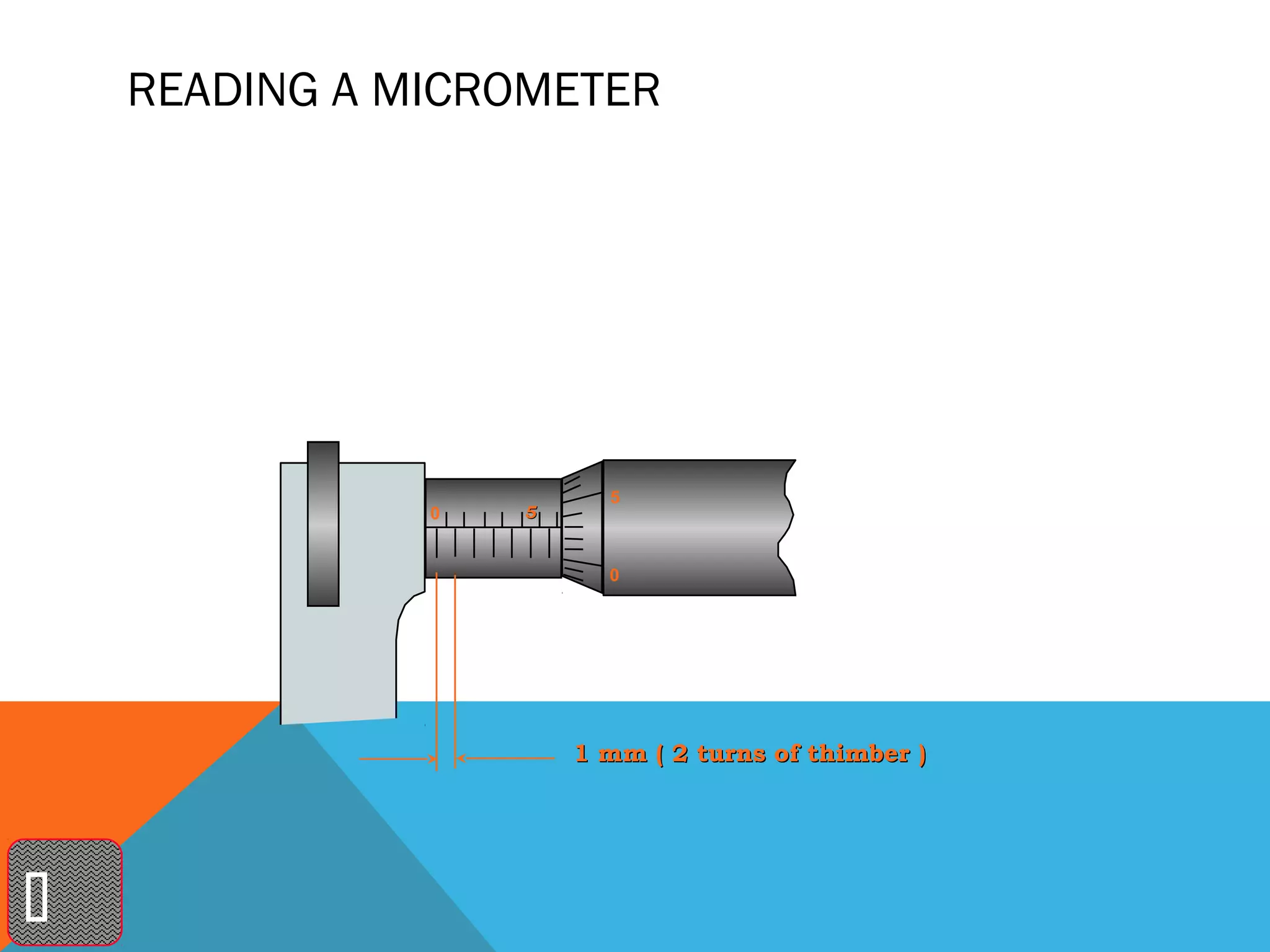 READING A MICROMETER




                         5
               0   5


                         0




                       1 mm ( 2 turns of thimber )





 