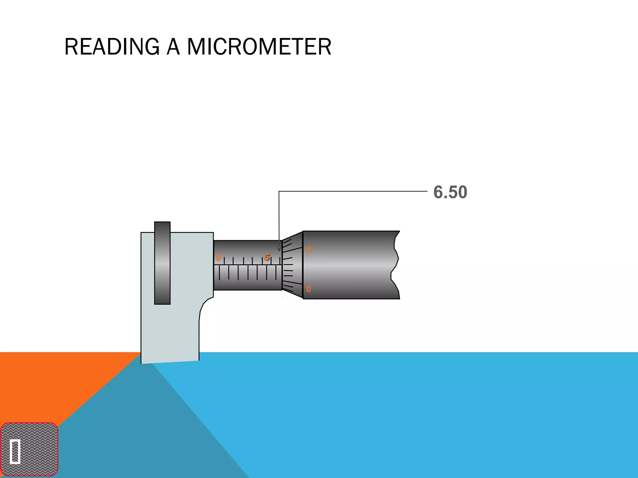 READING A MICROMETER




                           6.50


                       5
               0   5


                       0





 