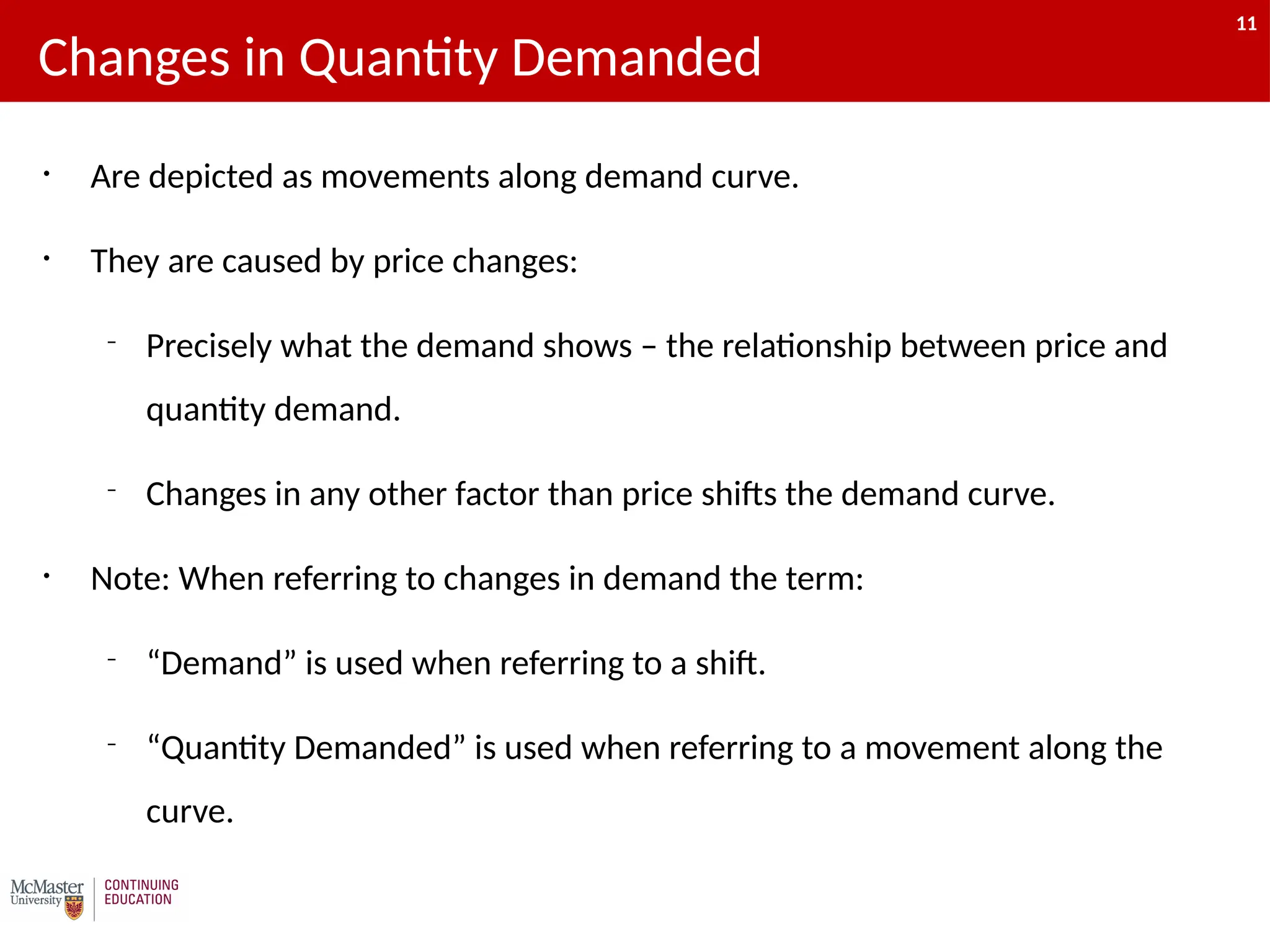 11
• Are depicted as movements along demand curve.
• They are caused by price changes:
– Precisely what the demand shows – the relationship between price and
quantity demand.
– Changes in any other factor than price shifts the demand curve.
• Note: When referring to changes in demand the term:
– “Demand” is used when referring to a shift.
– “Quantity Demanded” is used when referring to a movement along the
curve.
Changes in Quantity Demanded
11
 