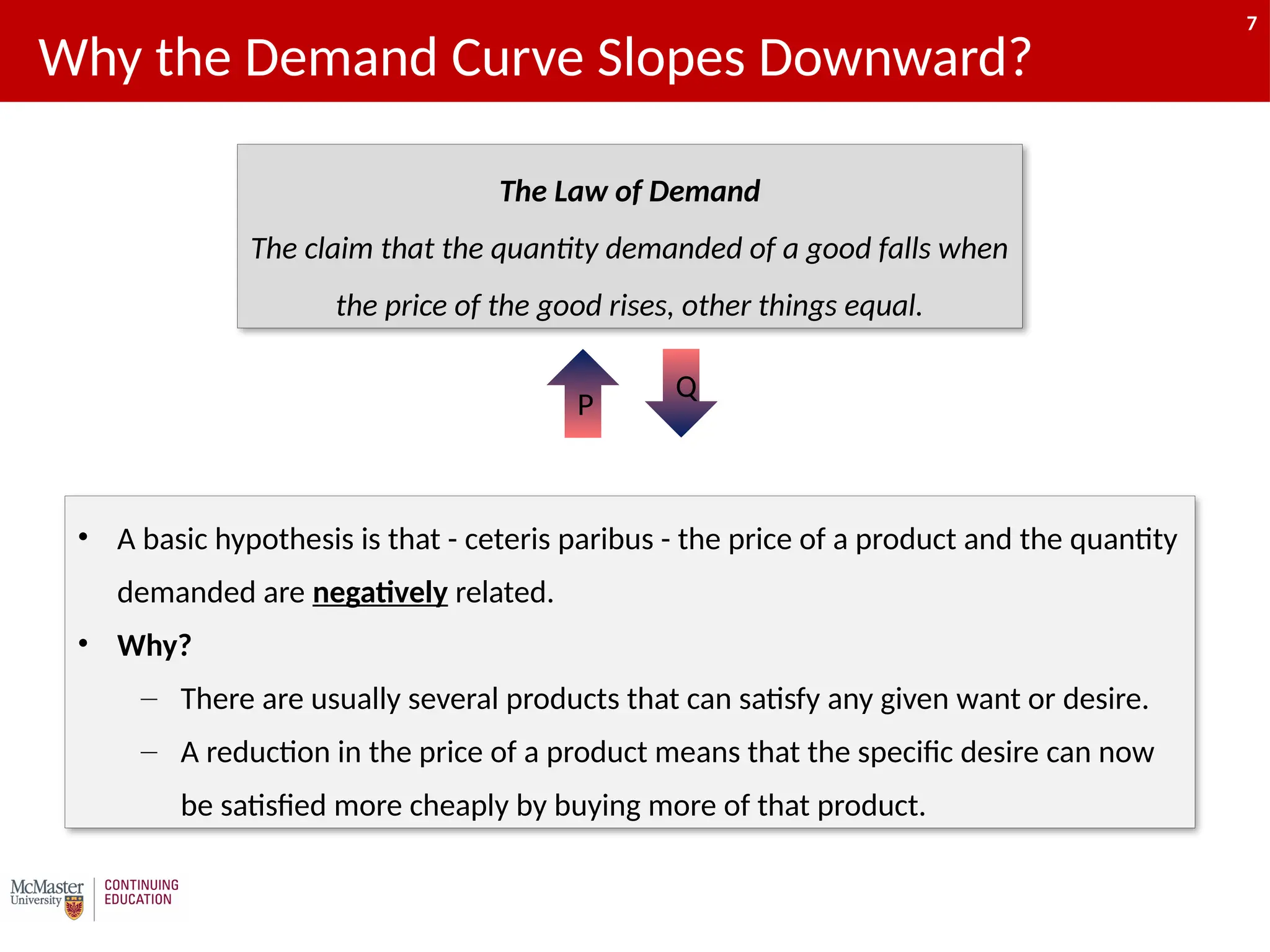 7
Why the Demand Curve Slopes Downward?
• A basic hypothesis is that - ceteris paribus - the price of a product and the quantity
demanded are negatively related.
• Why?
– There are usually several products that can satisfy any given want or desire.
– A reduction in the price of a product means that the specific desire can now
be satisfied more cheaply by buying more of that product.
The Law of Demand
The claim that the quantity demanded of a good falls when
the price of the good rises, other things equal.
P
Q
7
 