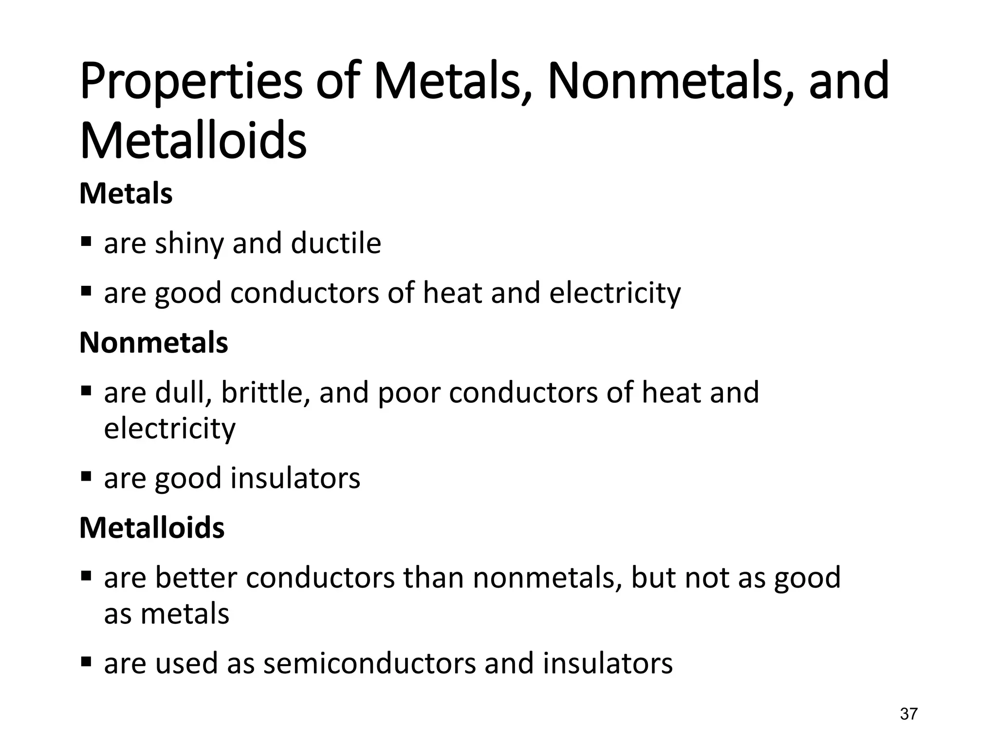 37
Metals
▪ are shiny and ductile
▪ are good conductors of heat and electricity
Nonmetals
▪ are dull, brittle, and poor conductors of heat and
electricity
▪ are good insulators
Metalloids
▪ are better conductors than nonmetals, but not as good
as metals
▪ are used as semiconductors and insulators
Properties of Metals, Nonmetals, and
Metalloids
 