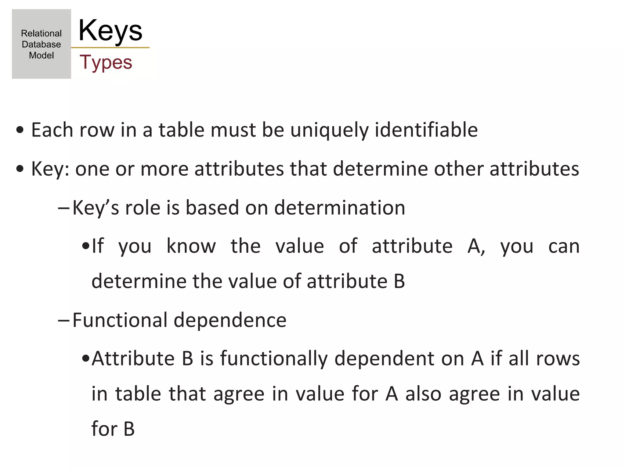 Keys
Types
• Each row in a table must be uniquely identifiable
• Key: one or more attributes that determine other attributes
–Key’s role is based on determination
•If you know the value of attribute A, you can
determine the value of attribute B
–Functional dependence
•Attribute B is functionally dependent on A if all rows
in table that agree in value for A also agree in value
for B
Relational
Database
Model
 