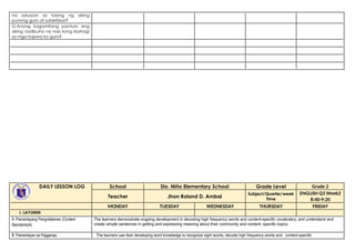 na solusyon sa tulong ng aking
punong guro at suberbisor?
G.Anong kagamitang panturo ang
aking nadibuho na nais kong ibahagi
sa mga kapwa ko guro?
DAILY LESSON LOG School Sto. Niňo Elementary School Grade Level Grade 2
Teacher Jhon Roland D. Ambal
Subject/Quarter/week
Time
ENGLISH Q3 Week2
8:40-9:20
MONDAY TUESDAY WEDNESDAY THURSDAY FRIDAY
I. LAYUNIN
A. Pamantayang Pangnilalaman (Content
Standards)A)
The learners demonstrate ongoing development in decoding high frequency words and content-specific vocabulary; and understand and
create simple sentences in getting and expressing meaning about their community and content- specific topics.
B. Pamantayan sa Pagganap The learners use their developing word knowledge to recognize sight words; decode high frequency words and content-specific
 