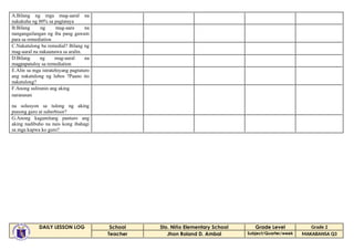 A.Bilang ng mga mag-aaral na
nakakuha ng 80% sa pagtataya
B:Bilang ng mag-aara na
nangangailangan ng iba pang gawain
para sa remediation
C.Nakatulong ba remedial? Bilang ng
mag-aaral na nakaunawa sa aralin.
D.Bilang ng mag-aaral na
magpapatuloy sa remediation
E.Alin sa mga istratehiyang pagtuturo
ang nakatulong ng lubos ?Paano ito
nakatulong?
F.Anong suliranin ang aking
naranasan
na solusyon sa tulong ng aking
punong guro at suberbisor?
G.Anong kagamitang panturo ang
aking nadibuho na nais kong ibahagi
sa mga kapwa ko guro?
DAILY LESSON LOG School Sto. Niňo Elementary School Grade Level Grade 2
Teacher Jhon Roland D. Ambal Subject/Quarter/week MAKABANSA Q3
 