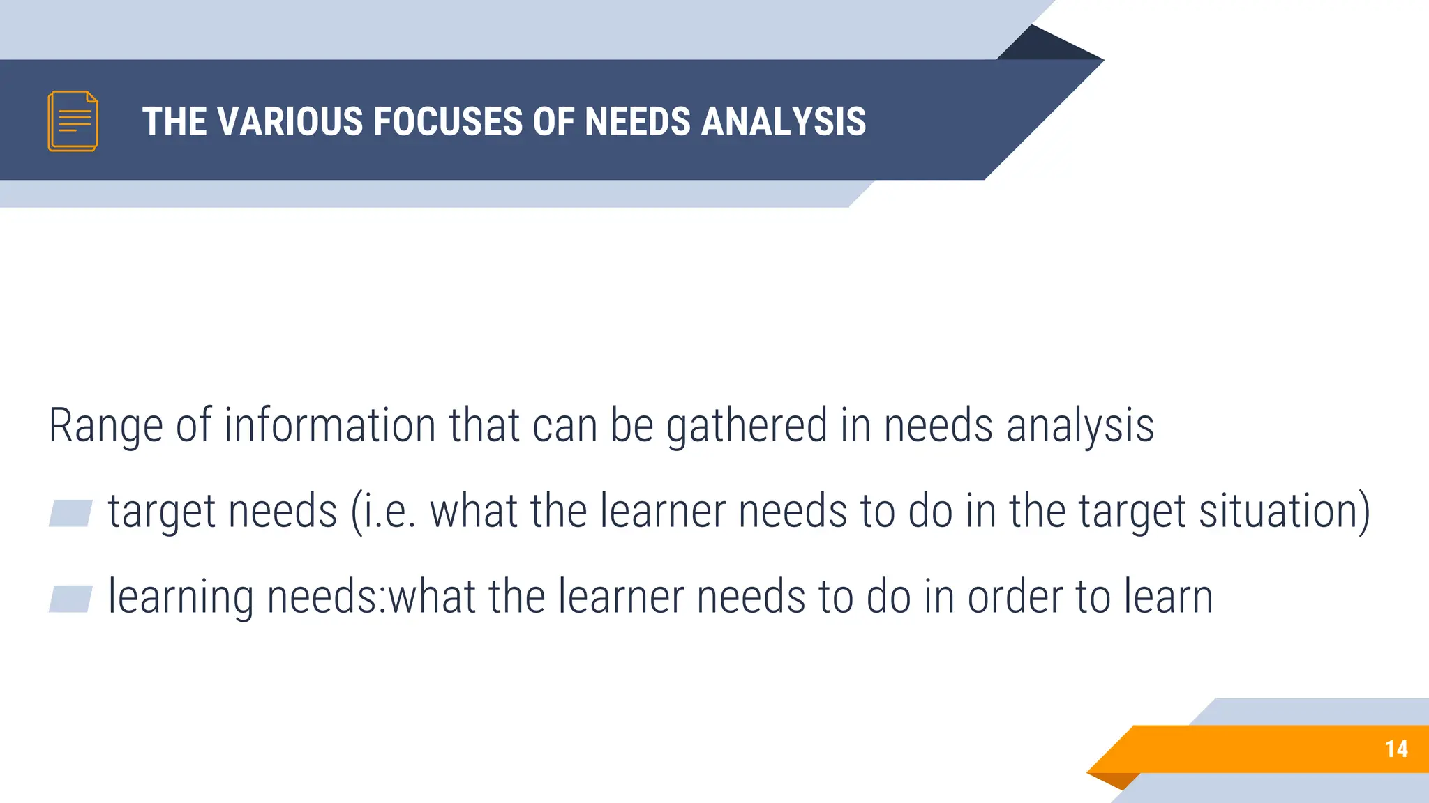THE VARIOUS FOCUSES OF NEEDS ANALYSIS
Range of information that can be gathered in needs analysis
▰ target needs (i.e. what the learner needs to do in the target situation)
▰ learning needs:what the learner needs to do in order to learn
14
 