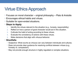 Virtue Ethics Approach
• Focuses on moral character – original philosophy – Plato & Aristotle
• Encourages ethical habits and virtues.
• Suitable for open-ended situations.
• Steps to Apply:
1. Identify the virtues relevant to the situation (e.g., honesty, responsibility).
2. Reflect on how a person of good character would act in this situation.
3. Cultivate the habit of acting according to these virtues.
4. Evaluate the consistency of actions with these virtues.
5. Make decisions that align with virtuous behavior.
• Shortfalls:
• Subjective: What counts as virtuous can vary between individuals and cultures.
• Does not provide clear guidance for resolving conflicts between virtues (e.g.,
honesty vs. compassion).
• May not provide enough structure in highly regulated or complex situations.
 