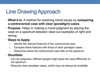 Line Drawing Approach
• What it is: A method for resolving moral issues by comparing
a controversial case with clear (paradigm) cases.
• Purpose: Helps in making a moral judgment by placing the
case on a spectrum between clear-cut examples of right and
wrong.
• Steps to Apply:
1. Identify the relevant features of the controversial case.
2. Compare these features with those of clear paradigm cases.
3. Determine where the controversial case falls on the spectrum.
• Shortfalls:
• Can be subjective; different people might place the case differently on
the spectrum.
• Requires clear paradigm cases, which may not always be available.
 