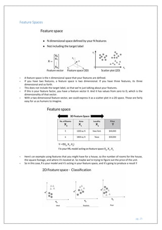 pg. 25
Feature Spaces
- A feature space is the n dimensional space that your features are defined.
- If you have two features, a feature space is two dimensional. If you have three features, its three
dimensional and so forth.
- This does not include the target label, so that we're just talking about your features.
- If this is your feature factor, you have a feature vector X. And it has values from zero to D, which is the
dimensionality of that vector.
- With a two dimensional feature vector, we could express it as a scatter plot in a 2D space. Those are fairly
easy for us as humans to imagine.
- Here's an example using features that you might have for a house, so the number of rooms for the house,
the square footage, and where it's located at. So maybe we're trying to figure out the price of the unit.
- So in this case, f is your model and it's acting in your feature space, and it's going to produce a result Y
 