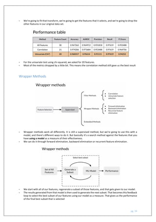 pg. 34
- We're going to fit that transform, we're going to get the features that it selects, and we're going to drop the
other features in our original data set.
- For the univariate test using chi-squared, we asked for 20 features.
- Most of the metrics dropped by a little bit. This means the correlation method still gave us the best result
Wrapper Methods
- Wrapper methods work all differently. It is still a supervised method, but we're going to use this with a
model, and there's different ways to do it. But basically it's a search method against the features that you
have using a model as a measure of their effectiveness.
- We can do it through forward elimination, backward elimination or recurrent feature elimination.
- We start with all of our features, regenerate a subset of those features, and that gets given to our model.
- The results generated from that model is then used to generate the next subset. That becomes this feedback
loop to select the best subset of our features using our model as a measure. That gives us the performance
of the final best subset that is selected
 