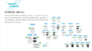 7 Improve
      & Modify

初步構想定案 - 繪製 Flow
訪談後當然需要反覆的修改問題與加入新設計，修正後就可以將手工的
Prototype 重新於電腦中繪製，整理出清楚的架構與GUI編排、按鈕位置等，以
及每一頁畫面連結，繪製完成架構後就可以趕緊先給資工的夥伴們開始進行資料
結構(骨架)的初步 Coding 囉!。
 