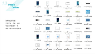 13 Image             UI Sketch
        Deliver




  很有耐心的切圖
  不同互動，功能，流程
  切出來的圖都不一樣
  原則 一個 Pixel 都不能錯
 
