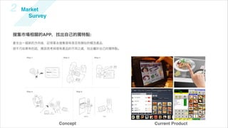 2   Market
      Survey


搜集市場相關的APP，找出自己的獨特點:
產生出一個新的方向後，記得要去搜集現有是否有類似的概念產品，
很不巧如果有的話，應該思考與現有產品的不同之處，找出屬於自己的獨特點。




               Concept                Current Product
 