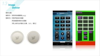 13 Image
       Deliver

  最終出圖：
   案夾1. 背景與按   圖   (png)
   案夾2. 完整界面設計截圖
       界面截圖對應的位置圖
      （標上裁切出的圖之位置、大小、      名）
 