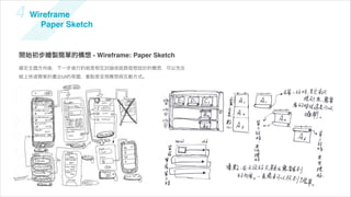 4 Wireframe
     Paper Sketch


開始初步繪製簡單的構想 - Wireframe: Paper Sketch
確定主題方向後，下一步進行的就是相互討論或組員發想設計的構想，可以先在
紙上快速簡單的畫出UI的草圖，重點是呈現構想與互動方式。
 