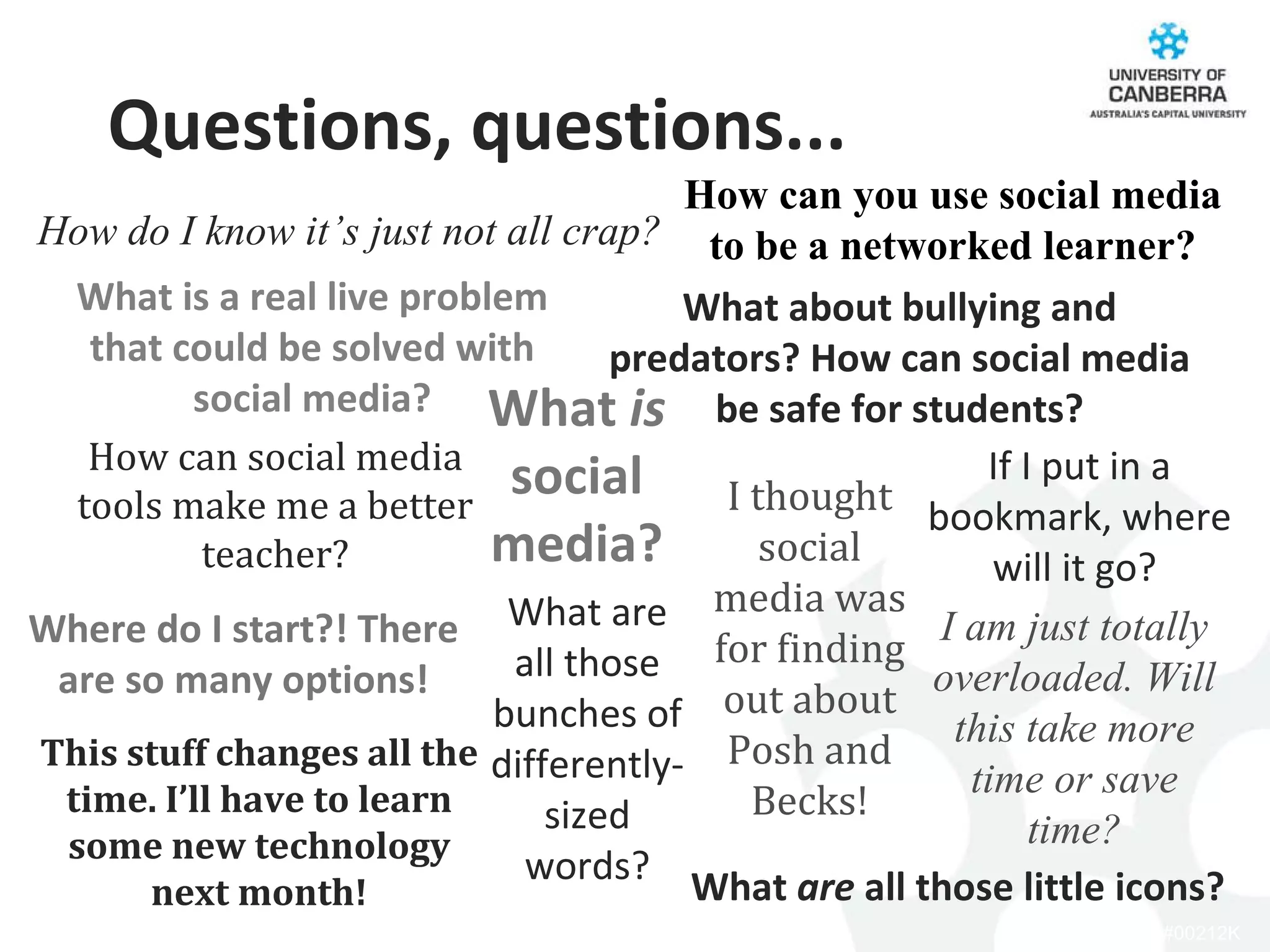 How can you use social media to be a networked learner? What  is  social media? I thought social media was for finding out about Posh and Becks! How can social media tools make me a better teacher? How do I know it’s just not all crap? Where do I start?! There are so many options! What  are  all those little icons? What are all those bunches of differently-sized words? What is a real live problem that could be solved with social media? What about bullying and predators? How can social media be safe for students? If I put in a bookmark, where will it go?  This stuff changes all the time. I’ll have to learn some new technology next month! I am just totally overloaded. Will this take more time or save time? Questions, questions... 