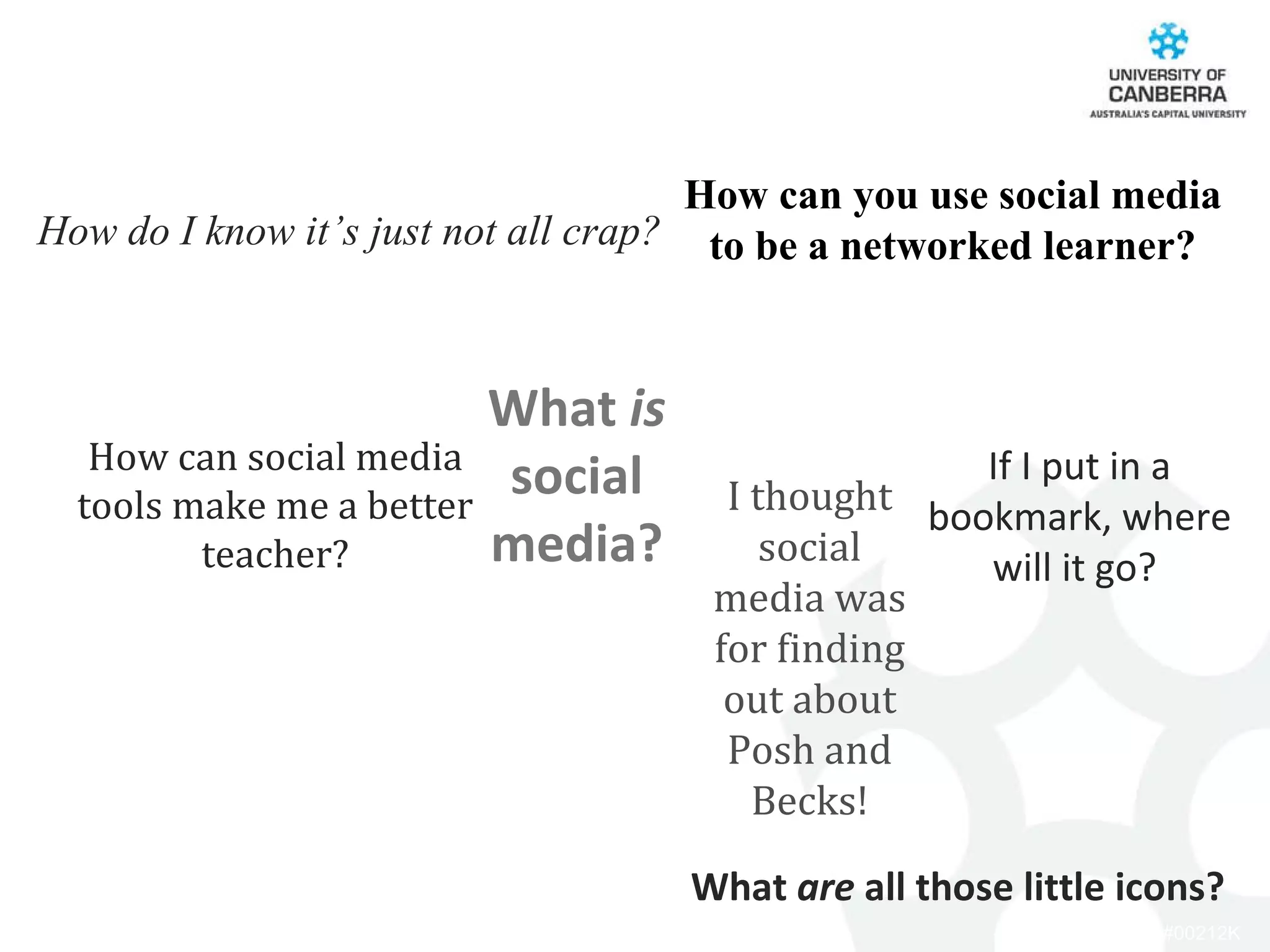 How can you use social media to be a networked learner? What  is  social media? I thought social media was for finding out about Posh and Becks! How can social media tools make me a better teacher? What  are  all those little icons? If I put in a bookmark, where will it go?  How do I know it’s just not all crap? 