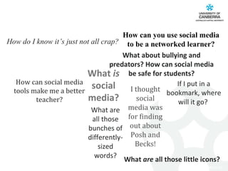 How can you use social media to be a networked learner? What  is  social media? I thought social media was for finding out about Posh and Becks! How can social media tools make me a better teacher? How do I know it’s just not all crap? What  are  all those little icons? What are all those bunches of differently-sized words? What about bullying and predators? How can social media be safe for students? If I put in a bookmark, where will it go?  