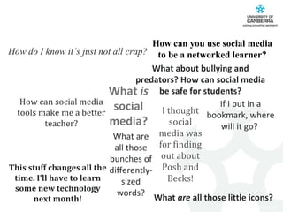 How can you use social media to be a networked learner? What  is  social media? I thought social media was for finding out about Posh and Becks! How can social media tools make me a better teacher? How do I know it’s just not all crap? What  are  all those little icons? What are all those bunches of differently-sized words? What about bullying and predators? How can social media be safe for students? If I put in a bookmark, where will it go?  This stuff changes all the time. I’ll have to learn some new technology next month! 