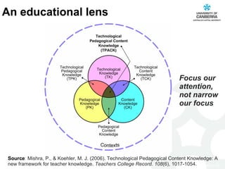 An educational lens Source :  Mishra, P., & Koehler, M. J. (2006). Technological Pedagogical Content Knowledge: A new framework for teacher knowledge.  Teachers College Record. 108 (6), 1017-1054.  Focus our attention, not narrow our focus 