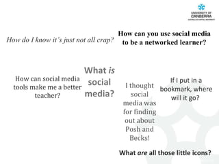 How can you use social media to be a networked learner? What  is  social media? I thought social media was for finding out about Posh and Becks! How can social media tools make me a better teacher? What  are  all those little icons? If I put in a bookmark, where will it go?  How do I know it’s just not all crap? 
