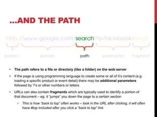 …AND THE PATH 
• The path refers to a file or directory (like a folder) on the web server 
• If the page is using programming language to create some or all of it’s content (e.g. 
loading a specific product or event detail) there may be additional parameters 
followed by ?’s or other numbers or letters 
• URLs can also contain fragments which are typically used to identify a portion of 
that document – eg. it “jumps” you down the page to a certain section 
• This is how “back to top” often works – look in the URL after clicking, it will often 
have #top included after you click a “back to top” link 
 