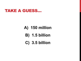 TAKE A GUESS… 
A) 150 million 
B) 1.5 billion 
C) 3.5 billion 
 