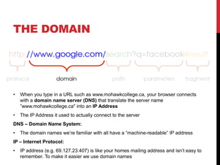 THE DOMAIN 
• When you type in a URL such as www.mohawkcollege.ca, your browser connects 
with a domain name server (DNS) that translate the server name 
”www.mohawkcollege.ca" into an IP Address 
• The IP Address it used to actually connect to the server 
DNS – Domain Name System: 
• The domain names we’re familiar with all have a “machine-readable” IP address 
IP – Internet Protocol: 
• IP address (e.g. 69.127.23.407) is like your homes mailing address and isn’t easy to 
remember. To make it easier we use domain names 
 