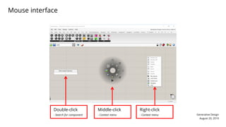 Generative Design
August 20, 2019
Mouse interface
Double-click
- Search for component
Middle-click
- Context menu
Right-click
- Context menu
 