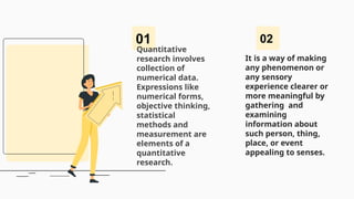 02
01
Quantitative
research involves
collection of
numerical data.
Expressions like
numerical forms,
objective thinking,
statistical
methods and
measurement are
elements of a
quantitative
research.
It is a way of making
any phenomenon or
any sensory
experience clearer or
more meaningful by
gathering and
examining
information about
such person, thing,
place, or event
appealing to senses.
 