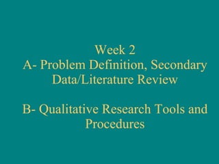 Week 2 A- Problem Definition, Secondary Data/Literature Review B- Qualitative Research Tools and Procedures 
