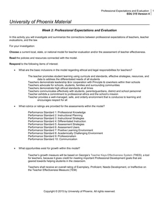 Professional Expectations and Evaluation
EDU 315 Version 4
1
University of Phoenix Material
Week 2: Professional Expectations and Evaluation
In this activity you will investigate and summarize the connections between professional expectations of teachers, teacher
evaluations, and the law.
For your investigation:
Choose a current local, state, or national model for teacher evaluation and/or the assessment of teacher effectiveness.
Read the policies and resources connected with the model.
Respond to the following items of interest:
• What are the basic inclusions in the model regarding ethical and legal responsibilities for teachers?
The teacher promotes student learning using curricula and standards, effective strategies, resources, and
data to address the differentiated needs of all students
Teachers demonstrate leadership &/or cooperation with Principle & coworkers within their schools
Teachers advocate for schools, students, families and surrounding communities
Teachers demonstrate high ethical standards at all times
Teachers communicates effectively with students, parents/guardians, district and school personnel
Teacher exhibits a commitment to professional ethics and the school’s mission
Teacher provides a well-managed, safe, and orderly environment that is conducive to learning and
encourages respect for all
• What rubrics or ratings are provided for the assessments within the model?
Performance Standard 1: Professional Knowledge
Performance Standard 2: Instructional Planning
Performance Standard 3: Instructional Strategies
Performance Standard 4: Differentiated Instruction
Performance Standard 5: Assessment Strategies
Performance Standard 6: Assessment Users
Performance Standard 7: Positive Learning Environment
Performance Standard 8: Academically Challenging Environment
Performance Standard 9: Professionalism
Performance Standard 10: Communication
• What opportunities exist for growth within this model?
Teacher’s growth measure will be based on Georgia’s Teacher Keys Effectiveness System (TKES), a tool
for teachers, because it gives credit for meeting important Professional Development goals that are
geared towards helping students in the classroom.
Teachers shall receive an overall rating of Exemplary, Proficient, Needs Development, or Ineffective on
the Teacher Effectiveness Measure (TEM)
Copyright © 2015 by University of Phoenix. All rights reserved.
 