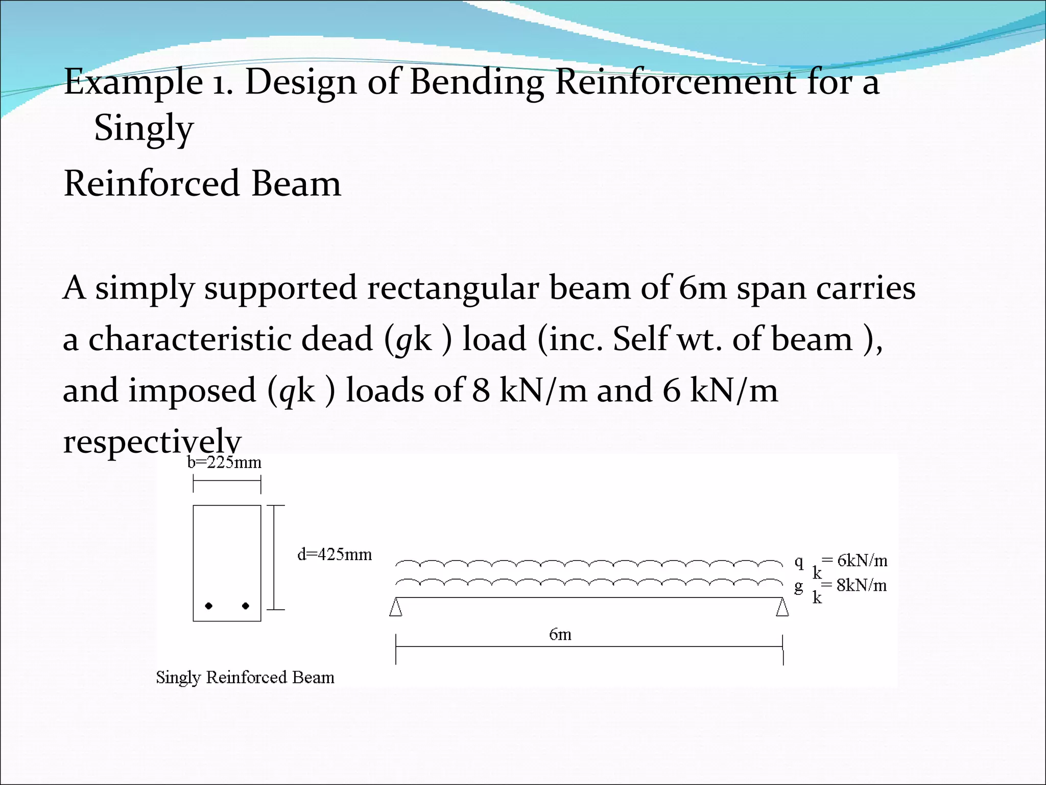 Example 1. Design of Bending Reinforcement for a Singly  Reinforced Beam A simply supported rectangular beam of 6m span carries  a characteristic dead ( g k ) load (inc. Self wt. of beam ),  and imposed ( q k ) loads of 8 kN/m and 6 kN/m  respectively 