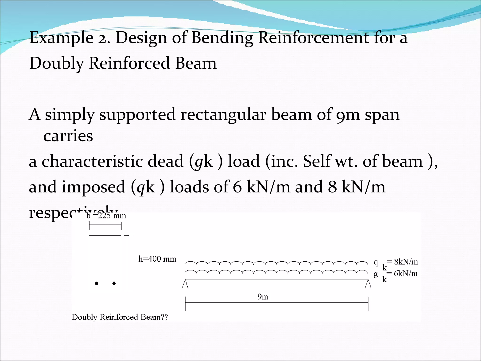 Example 2. Design of Bending Reinforcement for a  Doubly Reinforced Beam A simply supported rectangular beam of 9m span carries  a characteristic dead ( g k ) load (inc. Self wt. of beam ),  and imposed ( q k ) loads of 6 kN/m and 8 kN/m  respectively 
